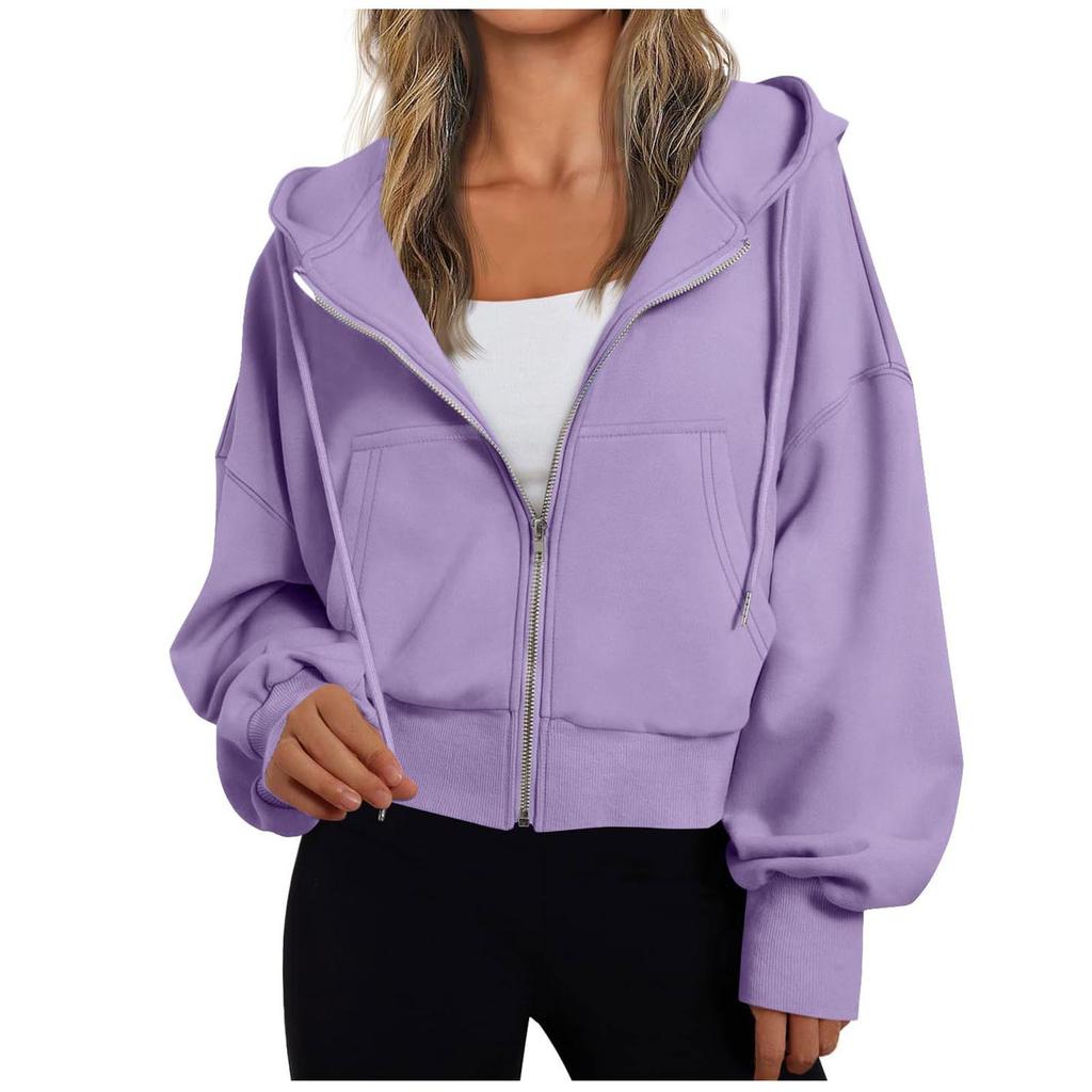 Women's Fashion Winter Long Sleeve Hooded Zipper Solid Color Loose Hooded Jacket