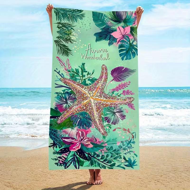 Tropical Plants Starfish Print Beach Towel Soft Quick Dry Sand Resistant Absorbent Towel for Summer Beach Pool Camping Travel