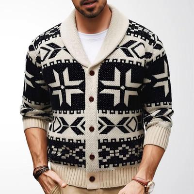 Men's Retro European and American Heavy Jacquard Knit Lapel Sweater Coat SY0144