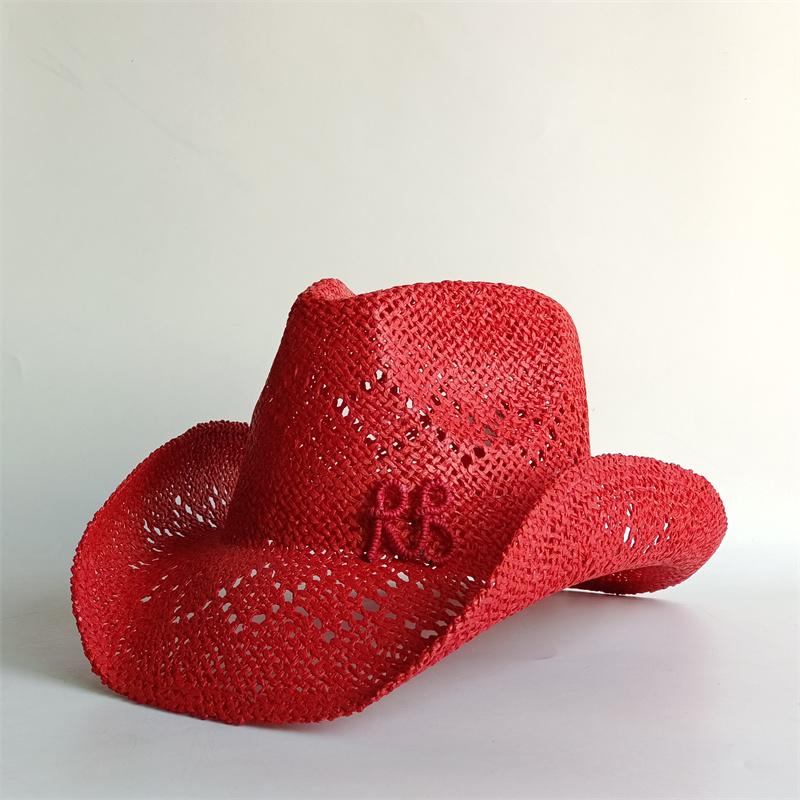 Orange Western Cowboy Strohhut Brief Strohhüte Für Damen Herren Sommer Outdoor Urlaub Strand Sonnenhut Für Damen Sombrero 55-58CM red
