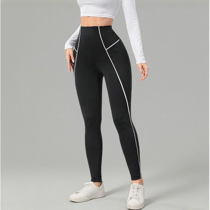 High Waist Black Yoga Leggings Women With White Side Stripe Slim Fit Athletic Workout Pants