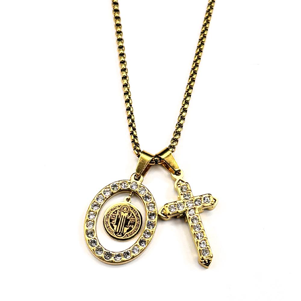 Collana Pendente Croce Medaglia di San Benedetto con Strass Cattolica per Donne Uomini Acciaio Inossidabile Colore Oro Catena Talismano Gioielli
