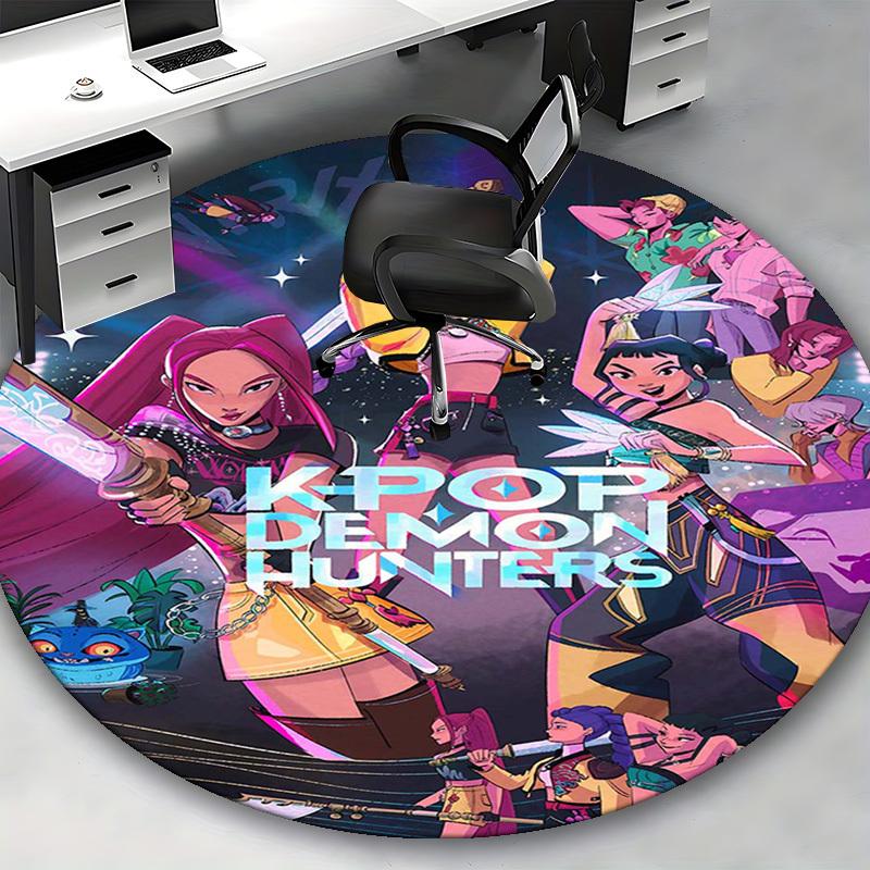1pc KPOP Demon Hunters Anime Cartoon Design Round Carpet  Office Chair Mat, NonSlip Rug for Home Decor, Living Room, Bedroom