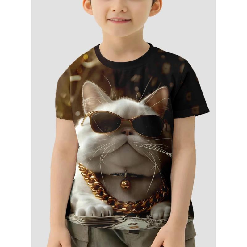 Summer Round Neck 3D Cat Pattern Printed Top Fashionable and Casual Short Sleeved Children's Boy T-shirts