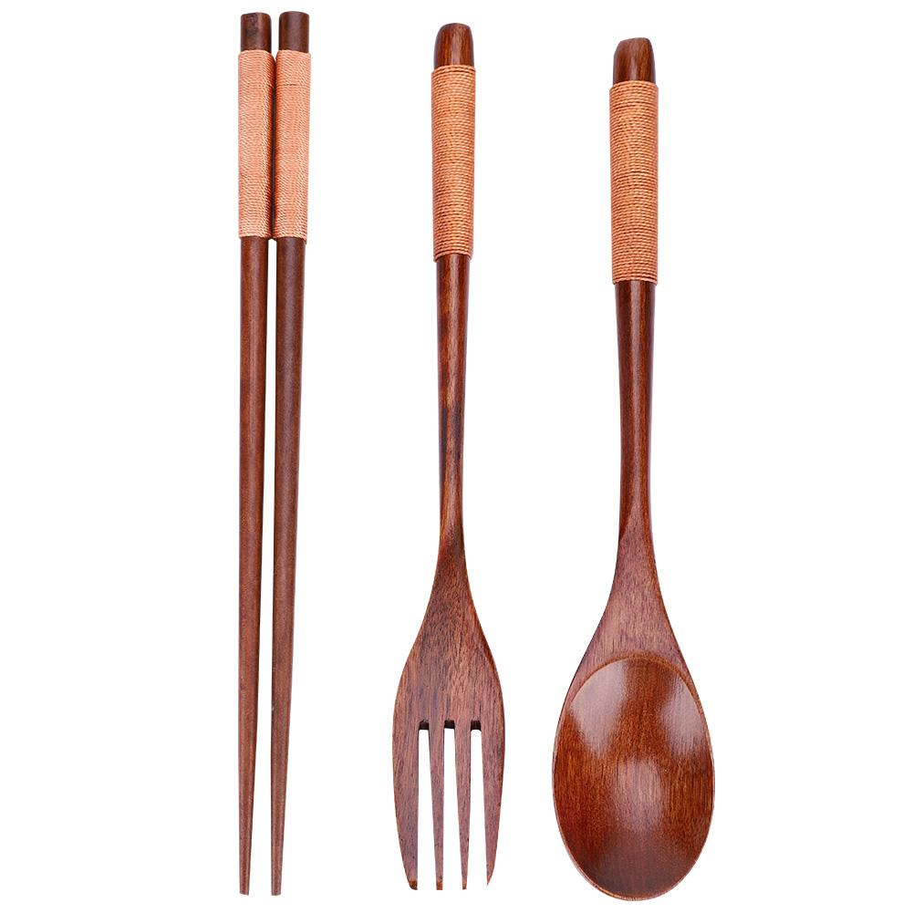 Wooden Chopsticks Spoon Fork Tableware Dinnerware 3pcs Set (with black thread)