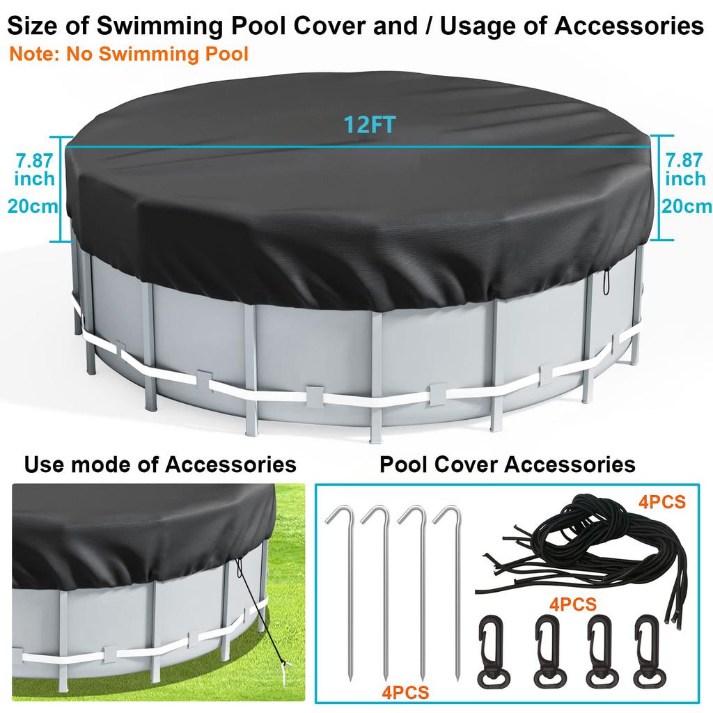 12FT Round Swimming Pool Cover 210D Oxford Cloth Solar Cover for Above Ground Pools