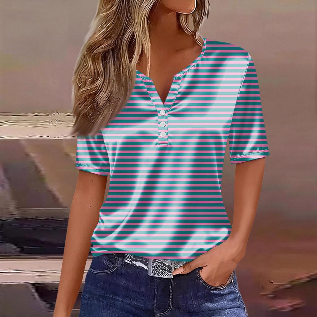Damesmode Casual Gestreept Print Kraag Korte Mouw Knopen T-shirt