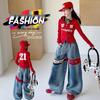 Girls' Autumn 2026 Red Patchwork Letter Jacket & Color Block Wide-Leg Jeans Set