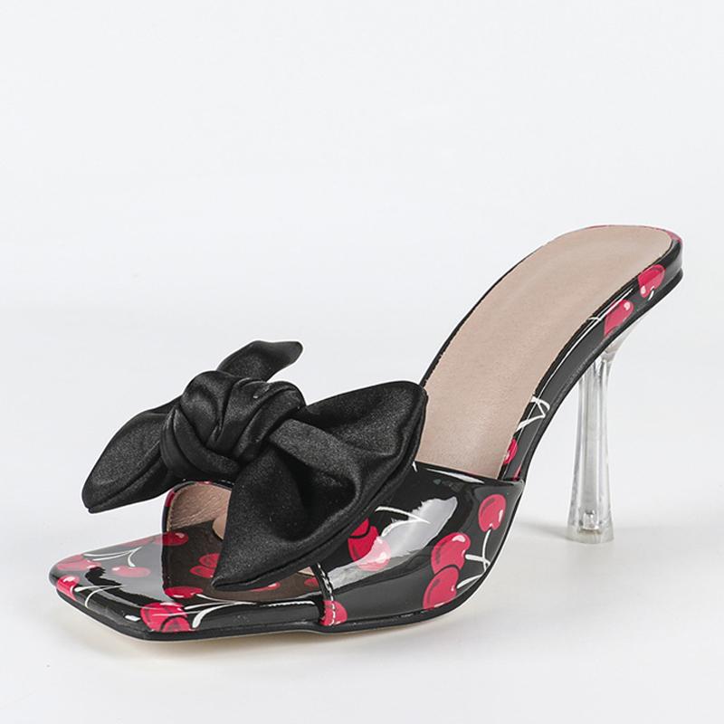 

Большой размер 44 45 46 Прозрачные туфли-шлепанцы на каблуке для женщины Желтые фрукты Шелковый бантик Дизайнерские сандалии Женские мюли Слайды 35 чёрный