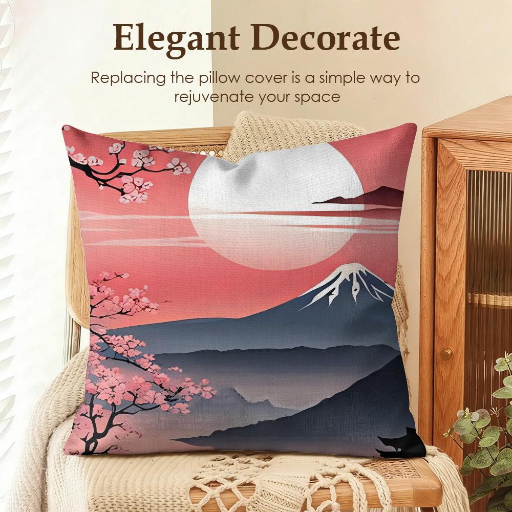 Japenes Mount Fuji Cushion Cover Natural Linen Organic Fabric DoubleSided Printing Sofa Home Decor Gift Pillow Case