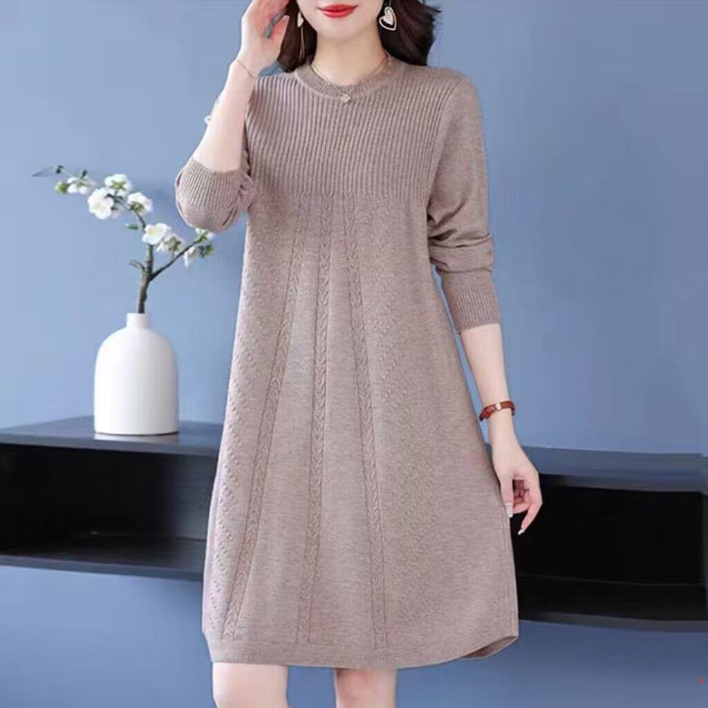 Korean-style Loose Mid-length Pullover for Women Spring Autumn and Winter Knitted Dress Solid Color Casual Sweater