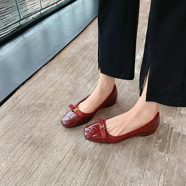Grape mother of the same style, inner height increase of 3cm~ noble gold buckle bow square round head thick bottom shallow mouth single shoes women's