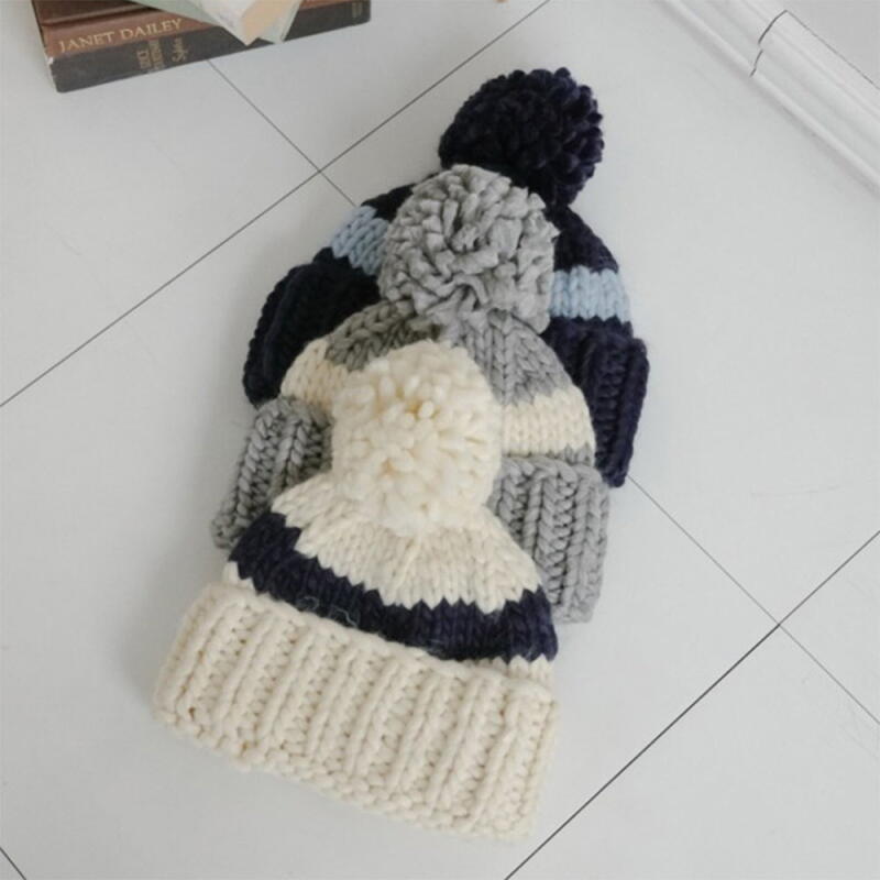 Women s Fur Ball Beanie Knit Color Block Winter Couple Hat ivory