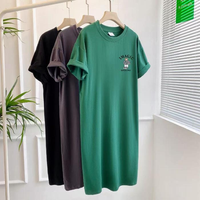28/5000 Summer New Style Summer Short-sleeved T-shirt Dress, Korean Style Loose Large-sized Slit Over-the-knee Long Dress for Women