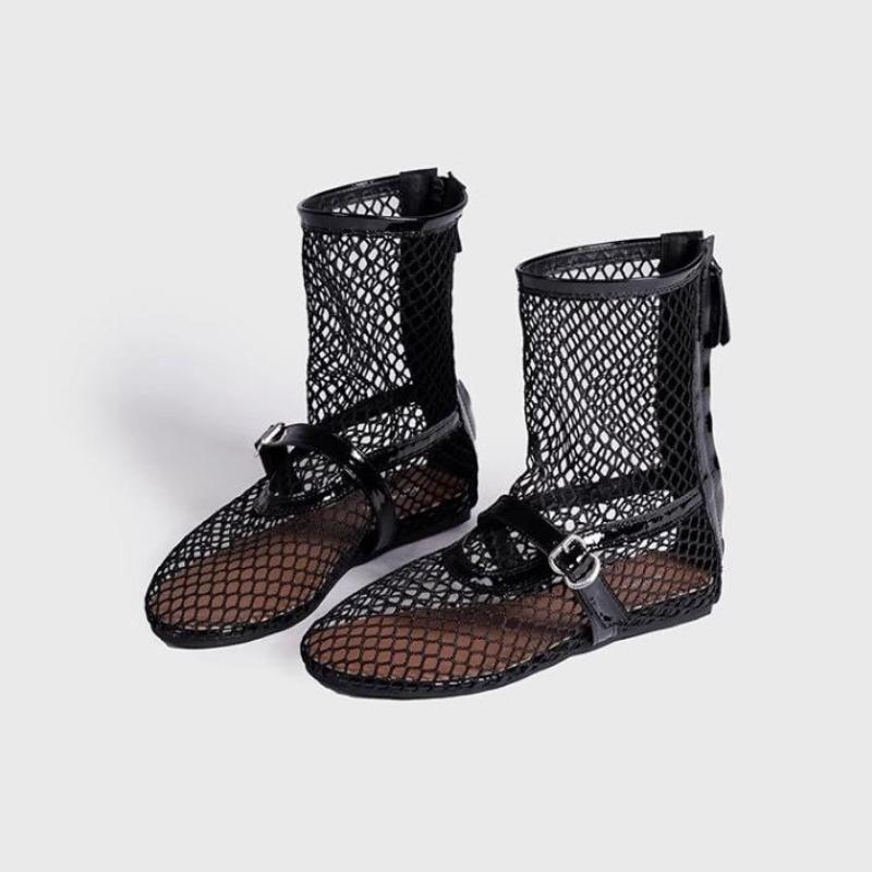 Summer Women Cool Boots New Mesh Hollow Sandals Fashion Design Belt Buckle Sexy Comfort Female Flat Shoes Plus Size 42