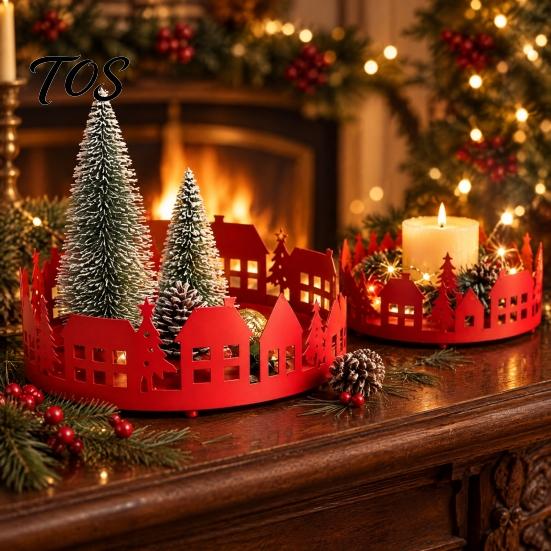 Scented Candle Display Stand 2 Pcs Christmas Village House Tray, Tabletop Decorative Metal Tray with Desktop Set Tree Design, Organizer for
