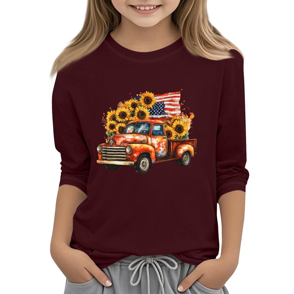 Tricou casual cu mâneci 3/4 pentru copii, cu gât rotund și imprimeu pentru Ziua Independenței