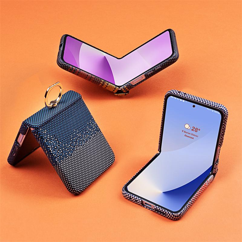 For For Samsung Galaxy Z Flip 7 6 5 4 3 Carbon Fiber Texture Magsafe Ring Hinge Case Screen Protect Film Wireless Charging PC Cover