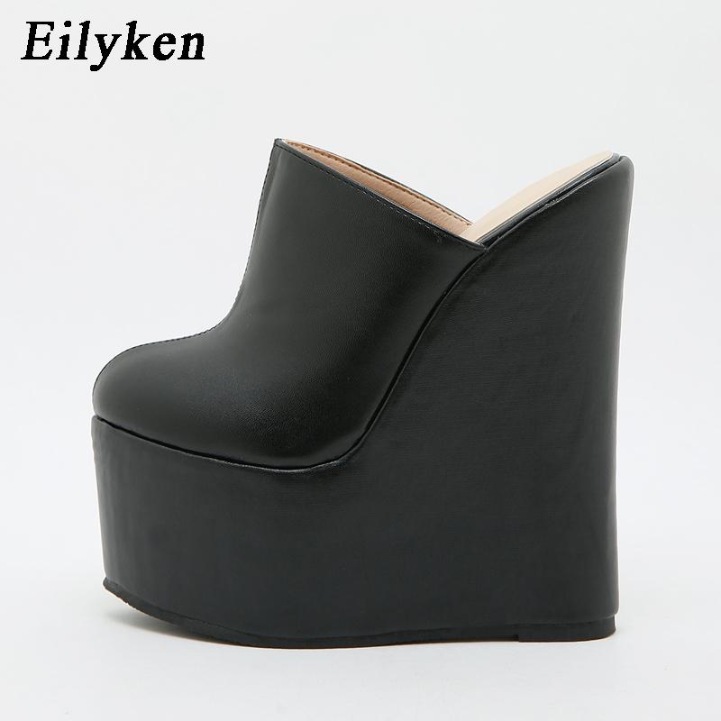 Mode Eilyken Design Super Plateforme Compensée Chaussons Femmes Mode Été Uni Bout Rond Talons Hauts Chaussures Mules Dames