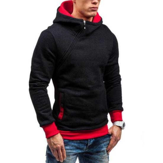 Autumn Winter Men Hoodie Slant Zipper Contrast Color Patchwork Pullover Thick Slim Fit Hooded Sweatshirt Streetwear