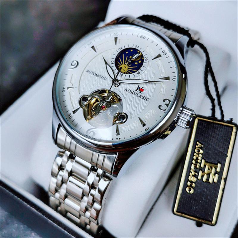 AOKULASIC Men Wristwatch Automatic Mechanical Military Sport Tourbillon Male Clock Top Luxury Stainless Steel Watch Gift 525