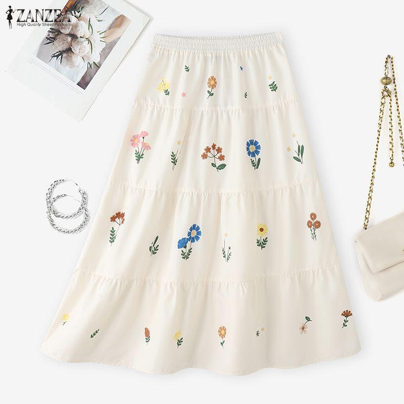 ZANZEA Fuste lungi cu imprimeu floral lejer cu talie elastică casual