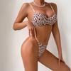 Women’s European and American Sexy Comfortable Minimize Bra and Thong Set, Leopard Printed Underwire Push-Up Lingerie
