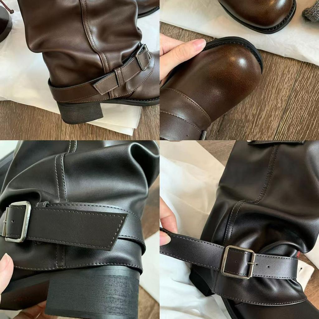 Cowhide version of grape mother, the same Spice Girl pant tube boots, women's fashionable wasteland wind pleated buckle, western cowboy boots, shor