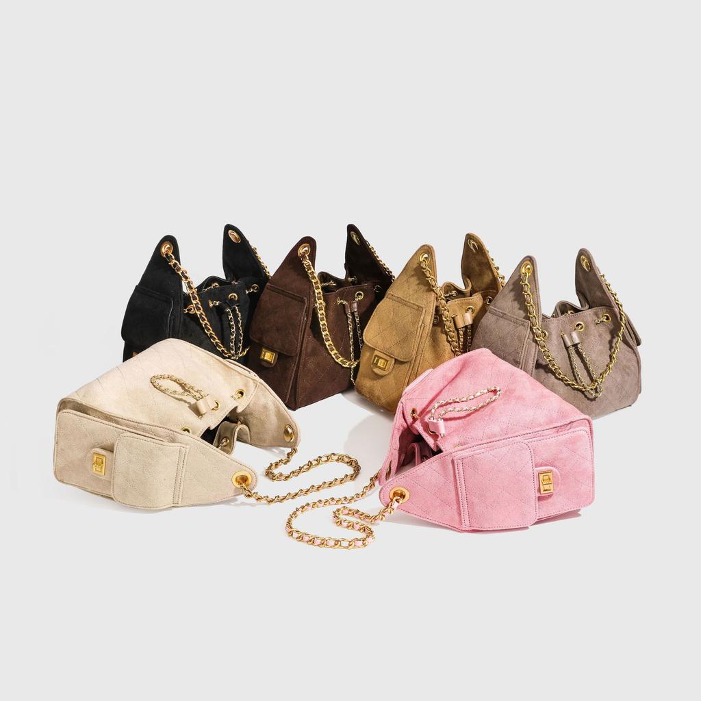 Fall Winter Women Quilted Chain Bucket Bag Trendy Style Faux Suede Handbag Fashion Shoulder Crossbody Ladies Purse