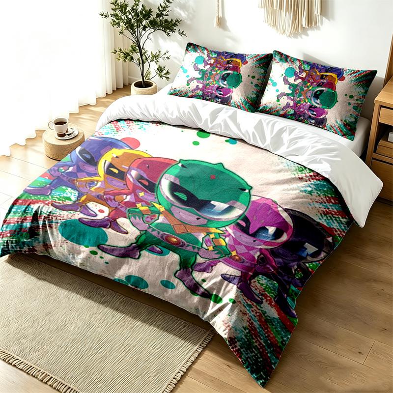 Power Rangers 3pc Duvet Cover Set Simple Modern Bedding Set Wrinkle Resistant Soft Fabric All Season Use a Perfect Gift