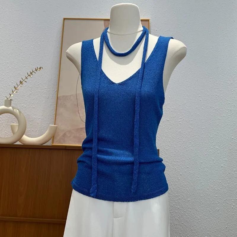 

Women s Knit Halter Tank Top V-Neck with Neck Strap Side Ties Onesize синій