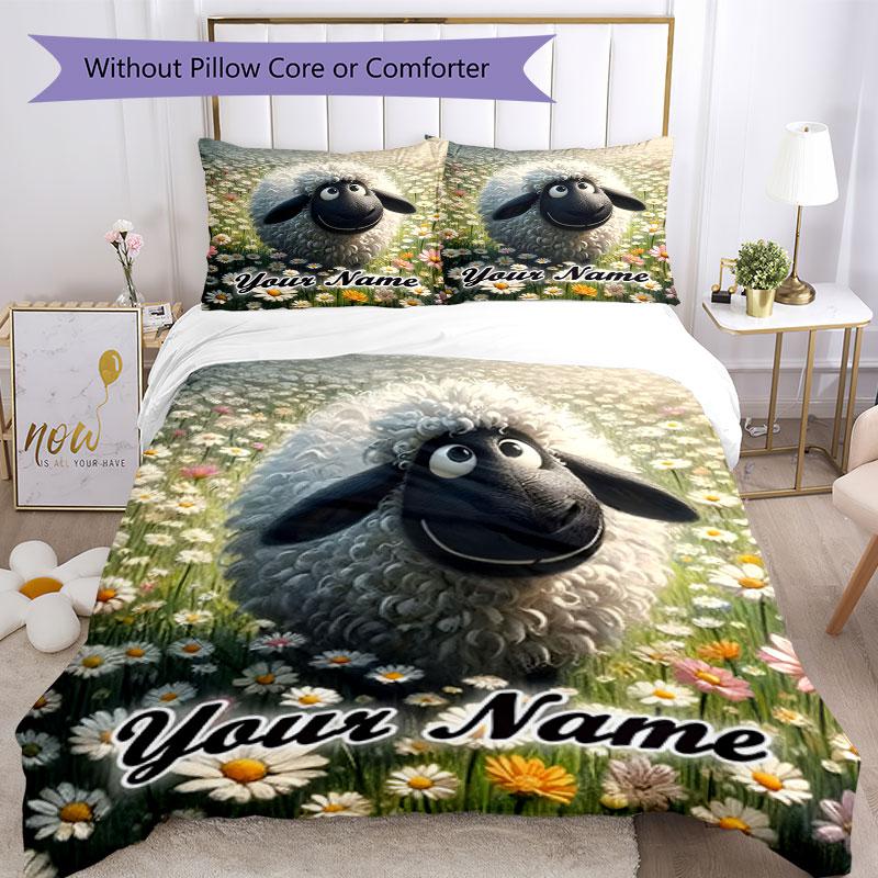 3PC Custom Name Sheep Flower Field Bedding Set Printed Bedding Set Duvet Cover Closure Includes 1 Duvet Cover & 252 Pillowcases for Bedroom