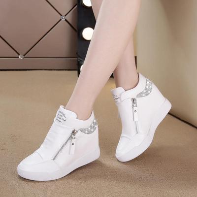 Plus Size 42 Γυναικεία Wedge Sneakers Πλαϊνό φερμουάρ PU Δερμάτινα Casual Flat Παπούτσια Παγιέτες Χοντρό κάτω Λευκά παπούτσια Εσωτερικό ύψος