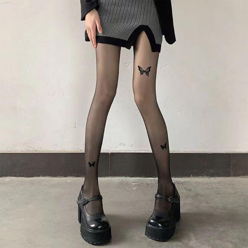 Collant Calze Velate Stampate con Farfalle Vintage Estetiche per Donna Sexy Sottili Trasparenti Collant Leggings in Seta