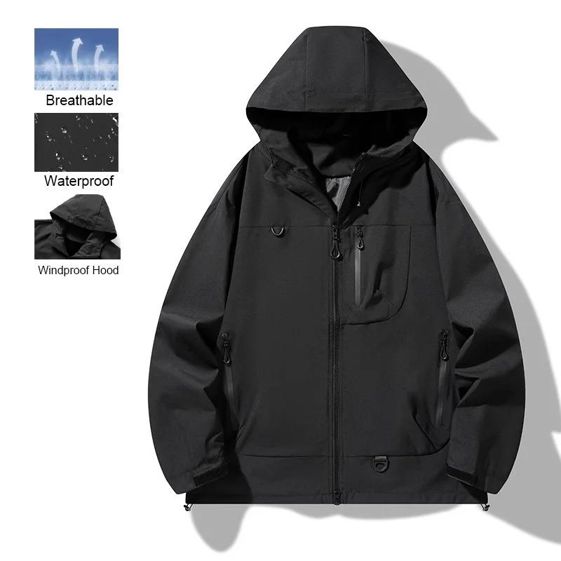 Herren Kapuzenjacke Herbst Winter Heißer Verkauf Einfarbig Atmungsaktiv Wasserdicht Winddicht Reißverschluss Oberbekleidung für Outdoor Klettern Angeln Männlicher Stylischer Mantel