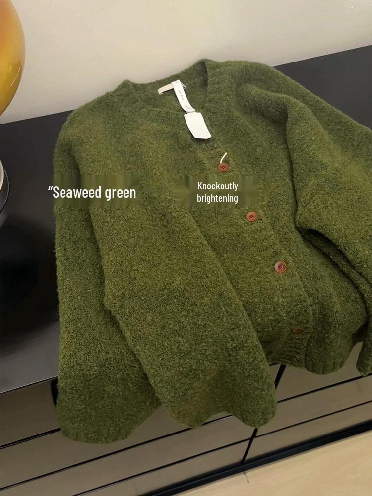 

Women s Retro Green Knitted Cardigan: Thick, Soft, Loose Korean Style for Autumn/Winter S зелений