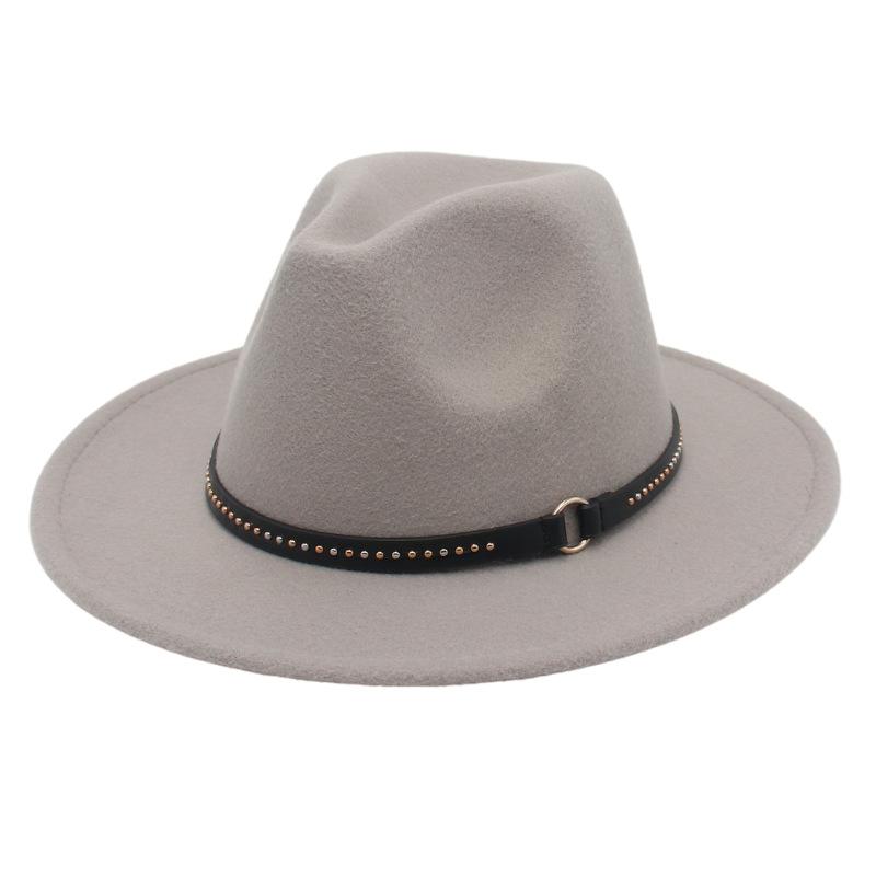European And American Style Big-Brimmed Top Hat, Metal Ring, Rivet, Belt Accessories, Felt Hat, Light Top Fedora Hat, Foreign Trade Monochrome Hat