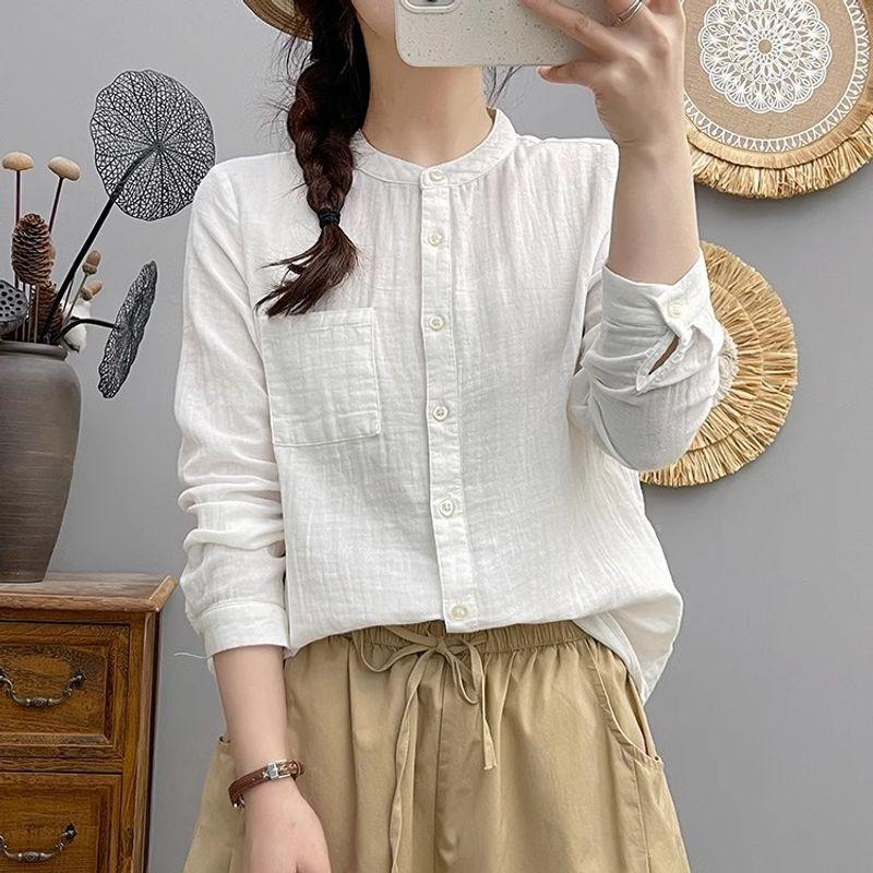 

Japanese Style Classic Small Stand Collar Single Pocket Double Layer Yarn Shirt Easiest for Match Artsy Solid Color Baby Yarn Women s Tops Shirt White M 42.50 kg-57.50 kg