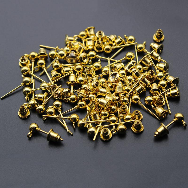 50Pcs/lot 3 4 5mm Gold Silver Ball Beads Stud Earring Ear pin Post Stopper Earplugs For Jewelry Making Findings DIY Accessories