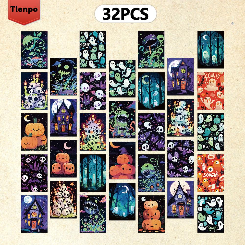 

32 шт., мультяшные абстрактные открытки на Хэллоуин, подходят для подарков на день рождения/юбилей, коллекционные, подарочные и почтовые.