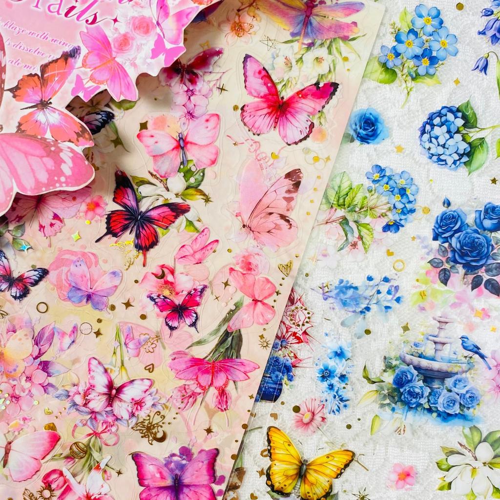 2sheets Butterfly Flowers Decoration Stickers PET Collagefor Scrapbooking Junk Journal Creative Hand Account Stickers