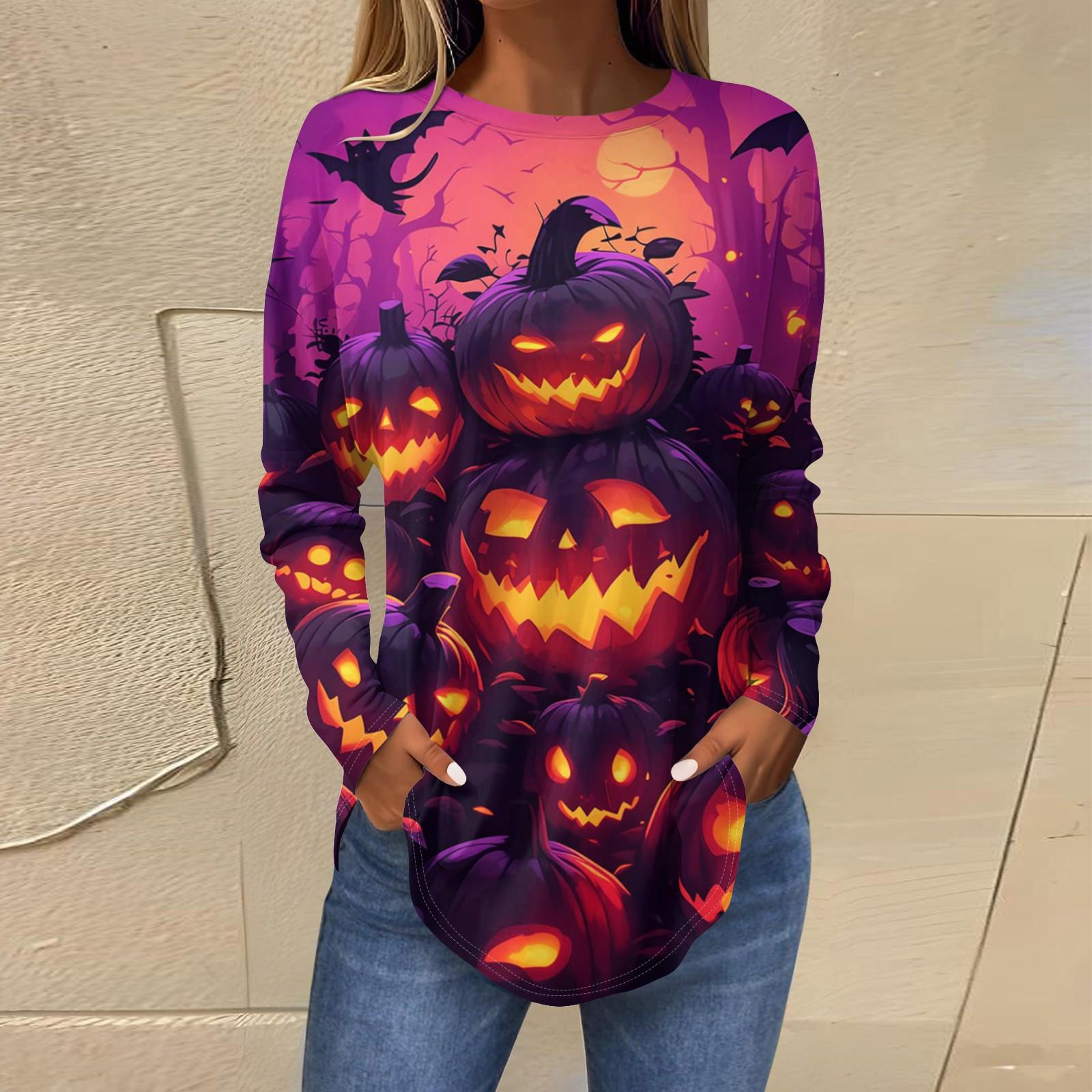 

Футболки для женщин, осенние повседневные рубашки с длинными рукавами, толстовка, винтажный топ с графическим принтом, пуловер на Хэллоуин M