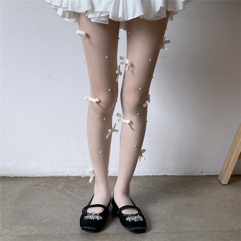Women Sweet Sheer Pantyhose Stockings Cute Mini Bowknot Pearls Beaded Thin Nylon Tights Soft Breathable Leggings