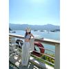 Casual vacation style blue bikini three-piece women's summer seaside vacation sunscreen blouse striped wide-leg trousers