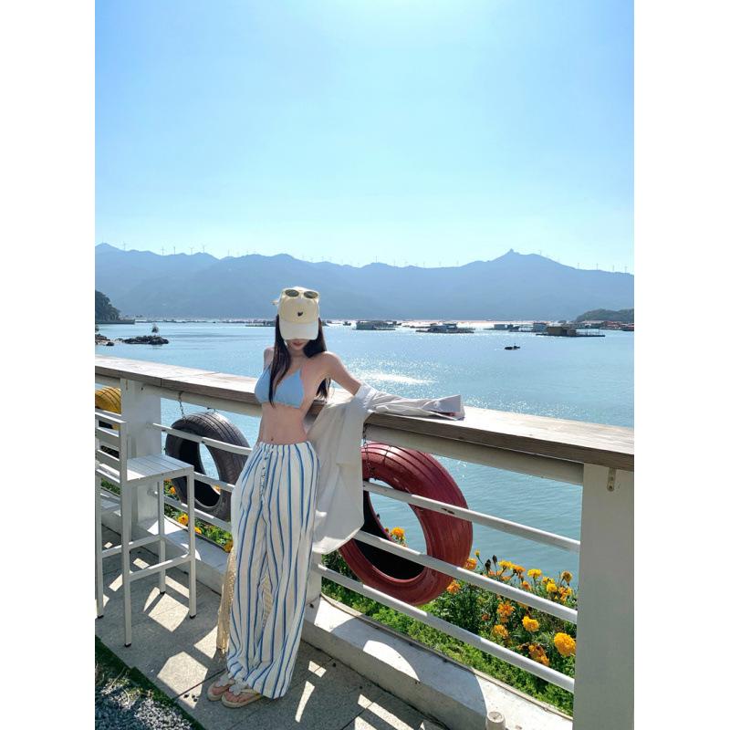 Casual vacation style blue bikini three-piece women's summer seaside vacation sunscreen blouse striped wide-leg trousers
