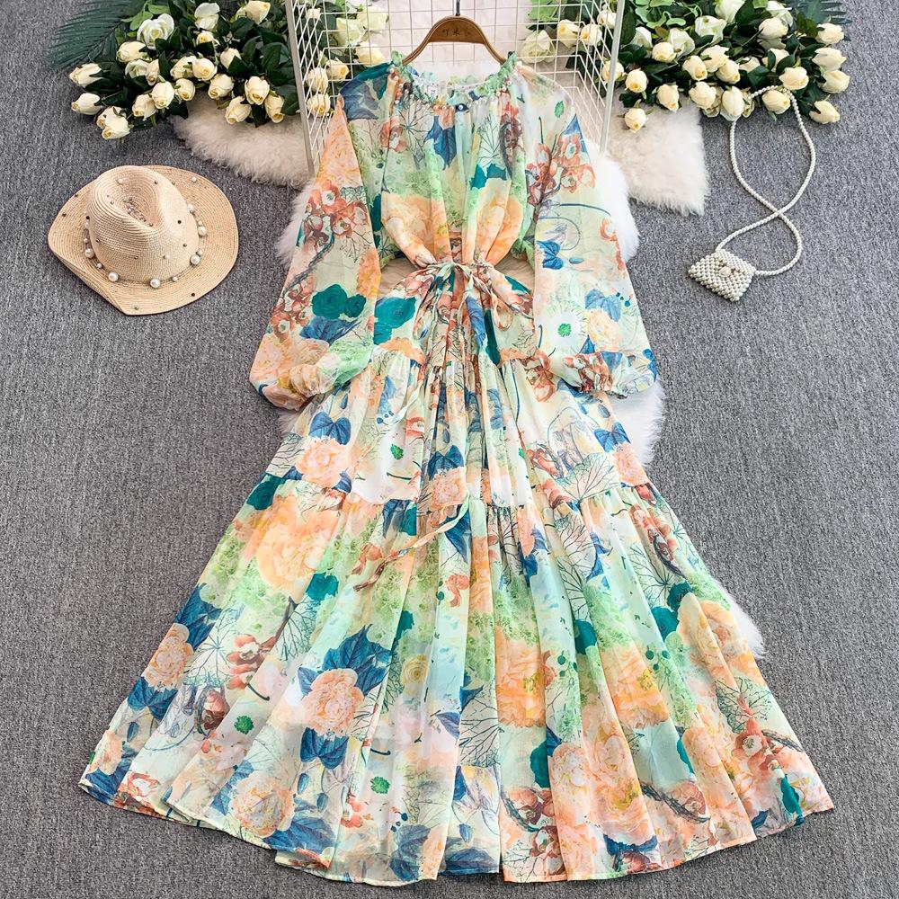 

Женское элегантное платье с принтом и бисером, летнее, обтягивающее и стройнящее шифоновое длинное платье One Size зелёный