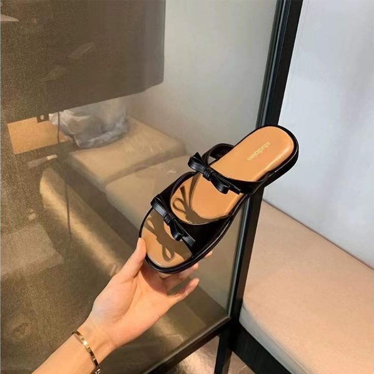 Fashion Summer Women Elegant Bow Square Toe Open Toe Low Heel Sandals Slip on Soft-soled Casual Simple Beach Slippers Sandalias Mujer