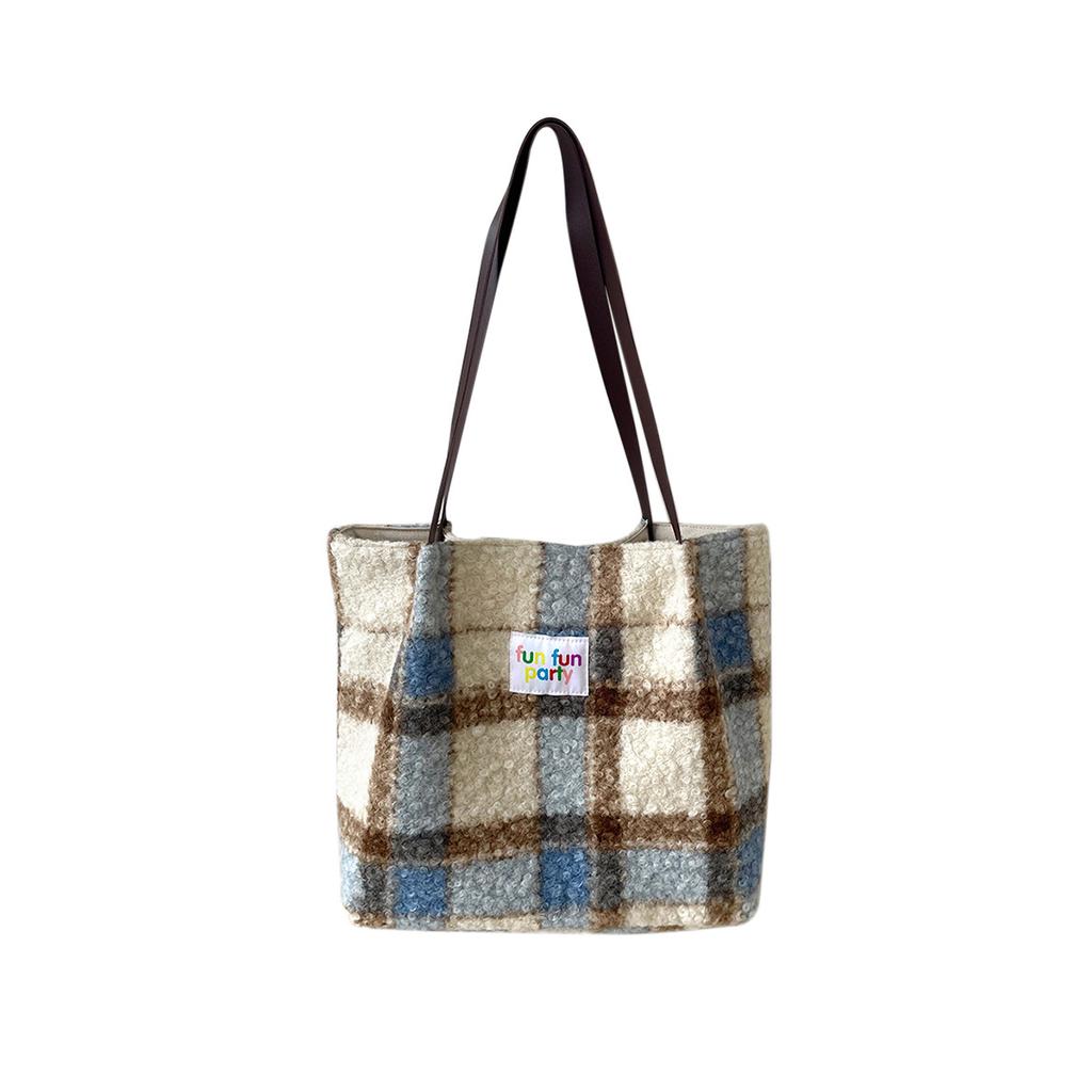 Vintage Plaid Faux Lamb Wool Women's Shoulder Bag Fall Winter Contrast Color Ladies Handbag Large Capacity Female Tote Bag