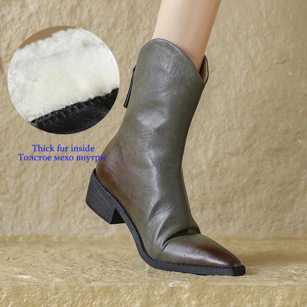 Krazing Pot Cow Split Skin Autumn Winter Shoes Wool Chunky Heels Size 43 Size 42 Pointed Toe Gradient Color Zip Fur Ankle Boots