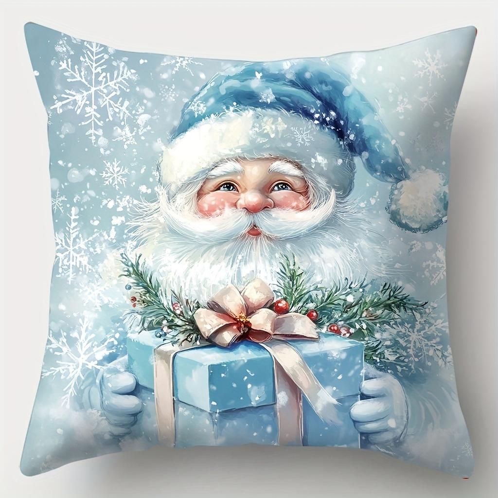 Christmas Decoration Pillow Cover Blue Santa Claus Snowman Snowflake Pattern Suitable for Home Room Sofa Cushion Cover